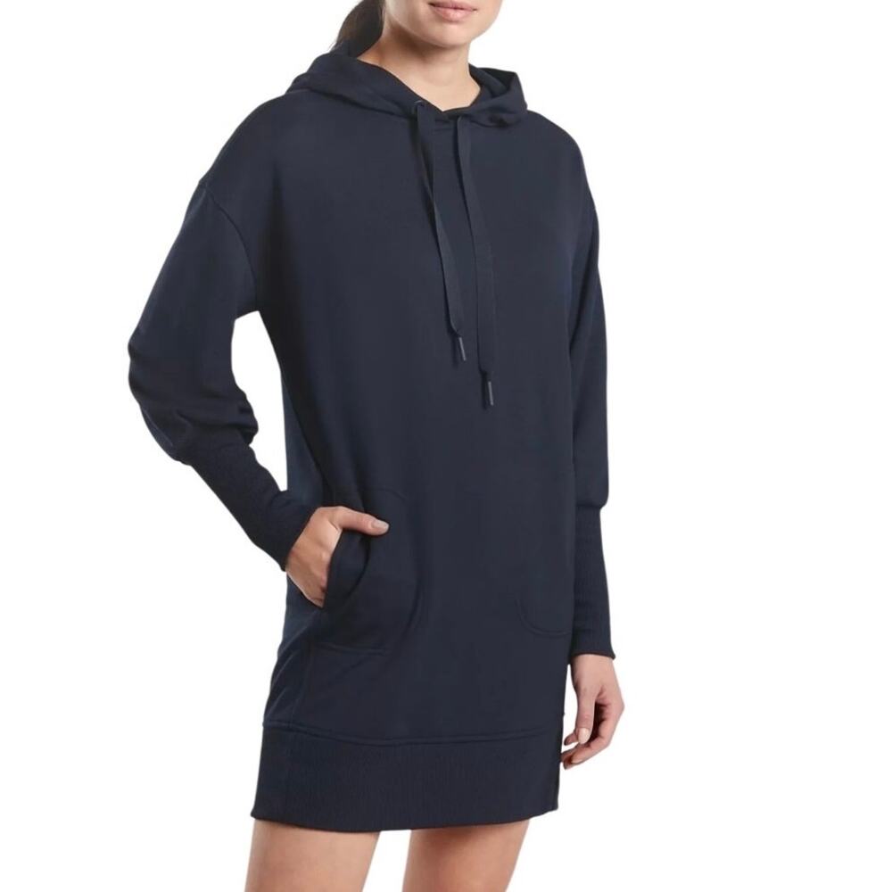 ATHLETA Mala Hoodie Mini Dress-Pullover Women L Black Athletic Versatile Travel